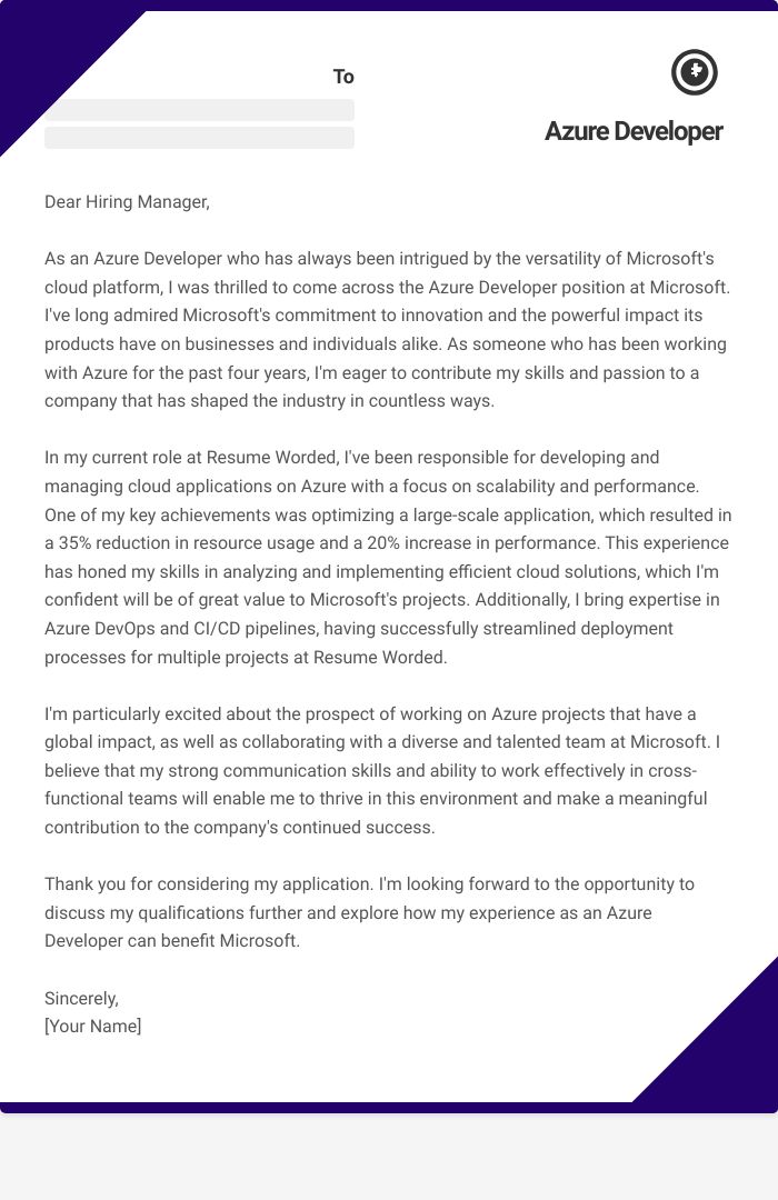 Azure Developer Cover Letter