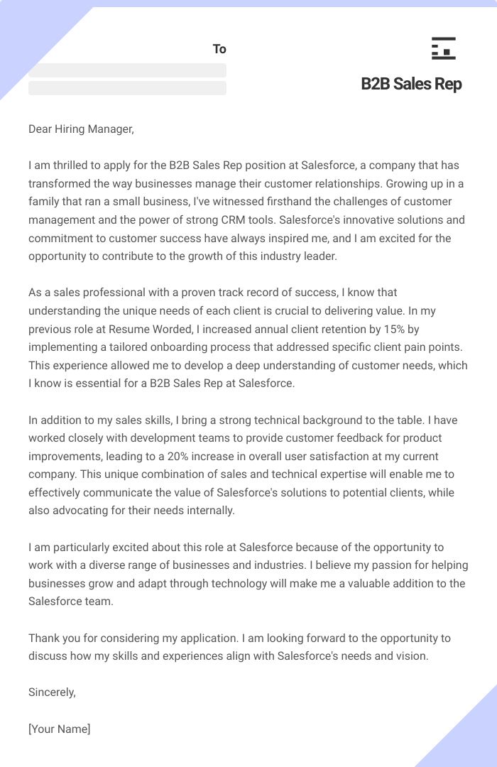 B2B Sales Rep Cover Letter