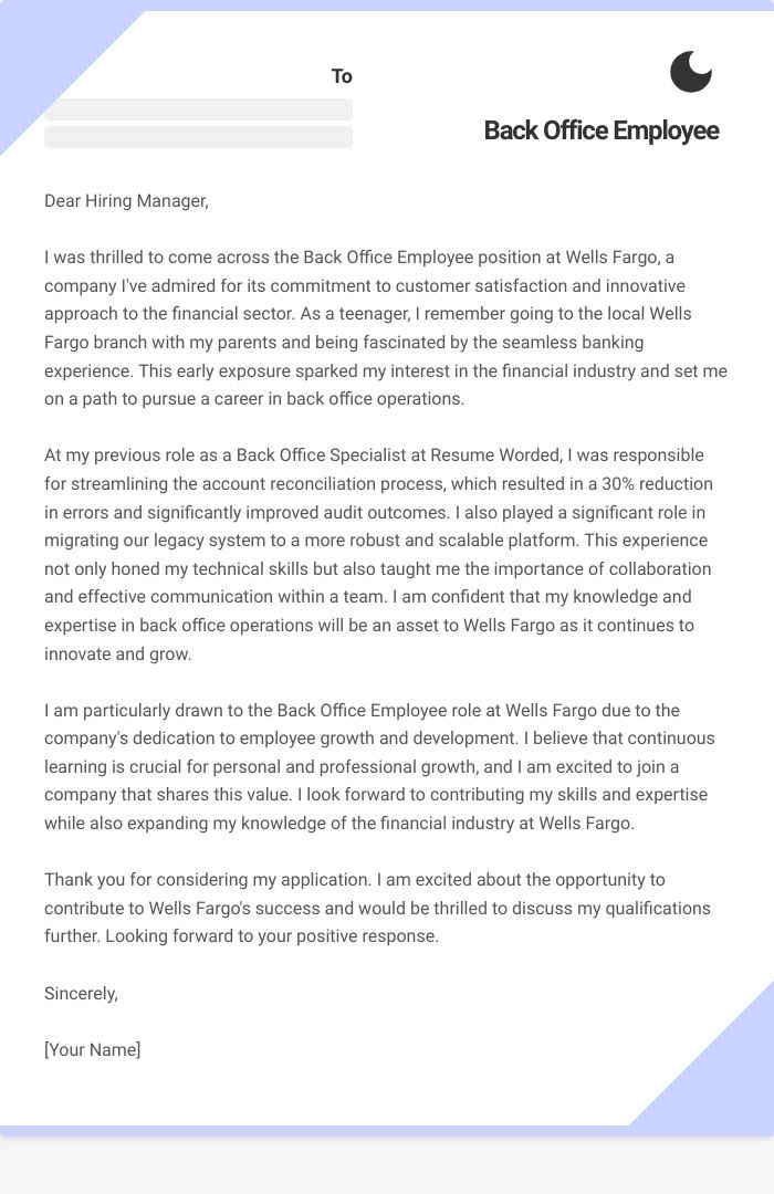 Back Office Employee Cover Letter