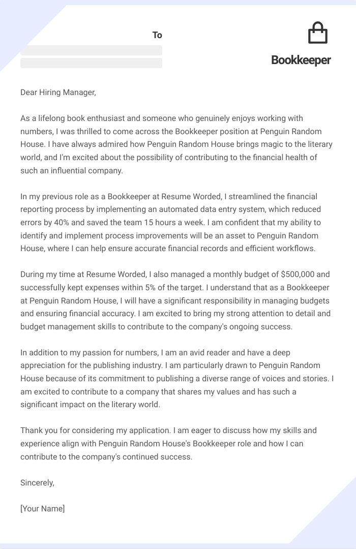 Bookkeeper Cover Letter