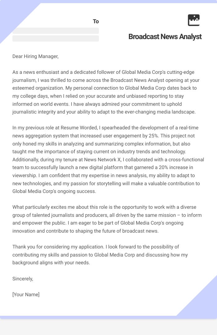 Broadcast News Analyst Cover Letter