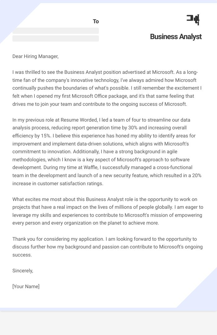 Business Analyst Cover Letter
