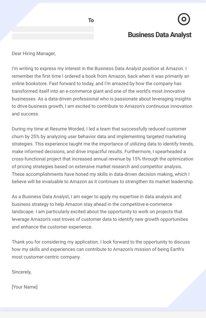 Business Data Analyst Cover Letter