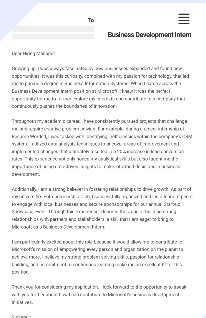 Business Development Intern Cover Letter