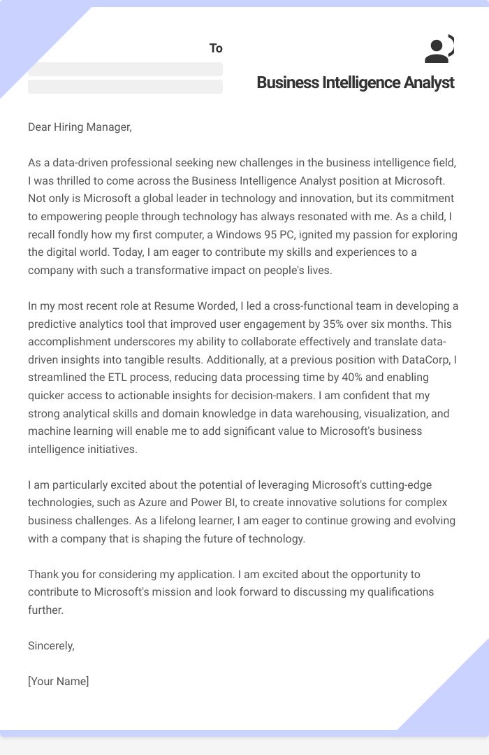 Business Intelligence Analyst Cover Letter
