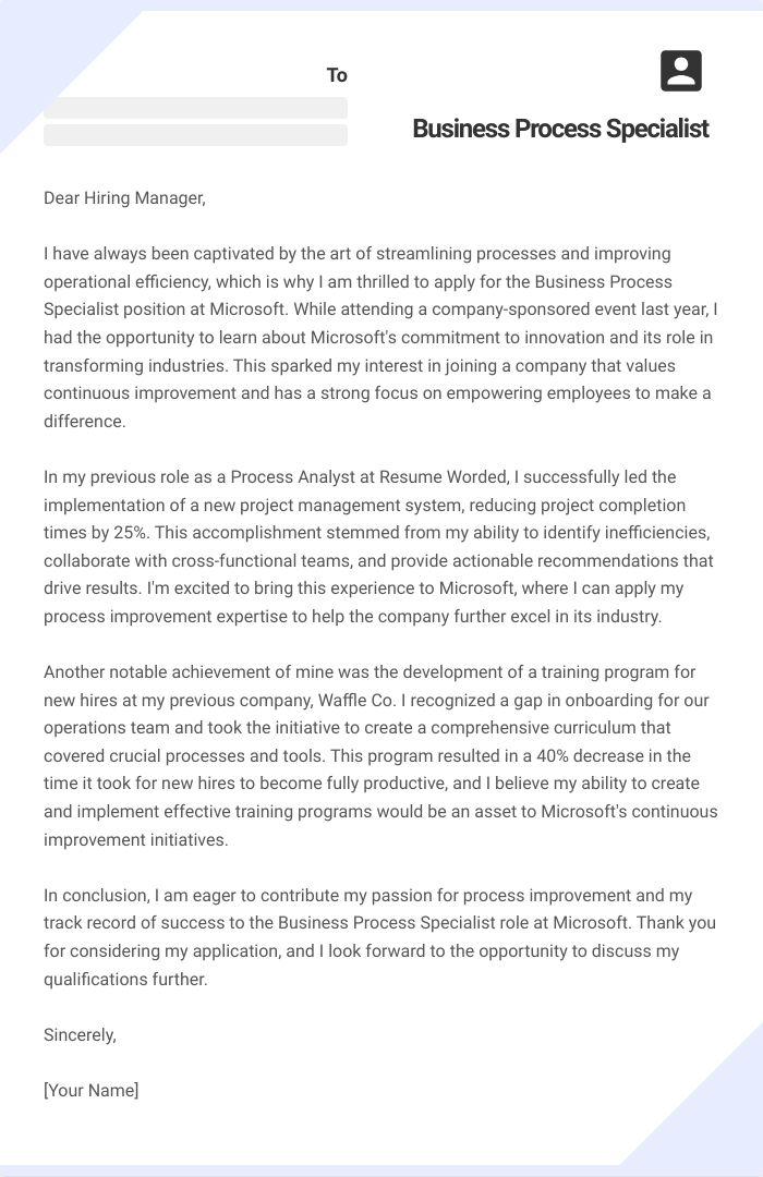 Business Process Specialist Cover Letter