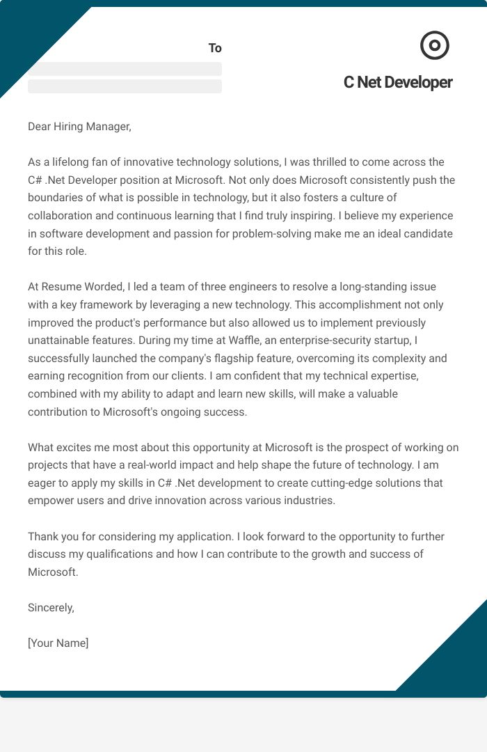 C  Net Developer Cover Letter