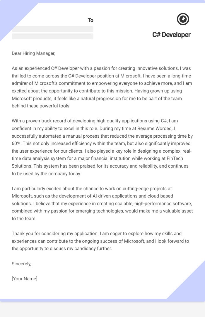 C# Developer Cover Letter