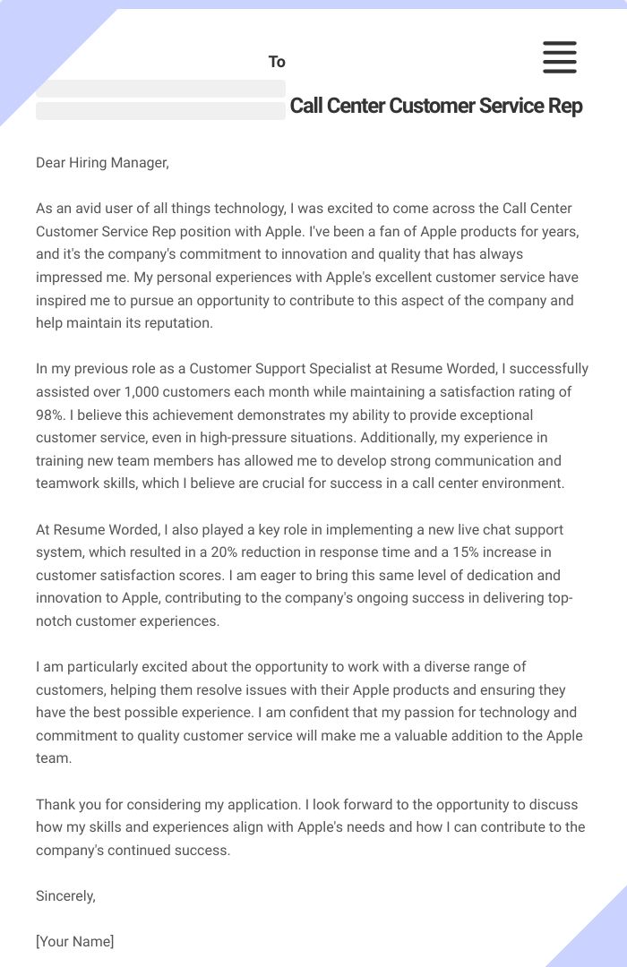 Call Center Customer Service Rep Cover Letter