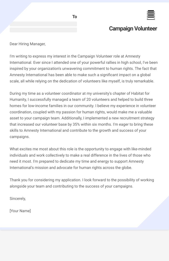 Campaign Volunteer Cover Letter