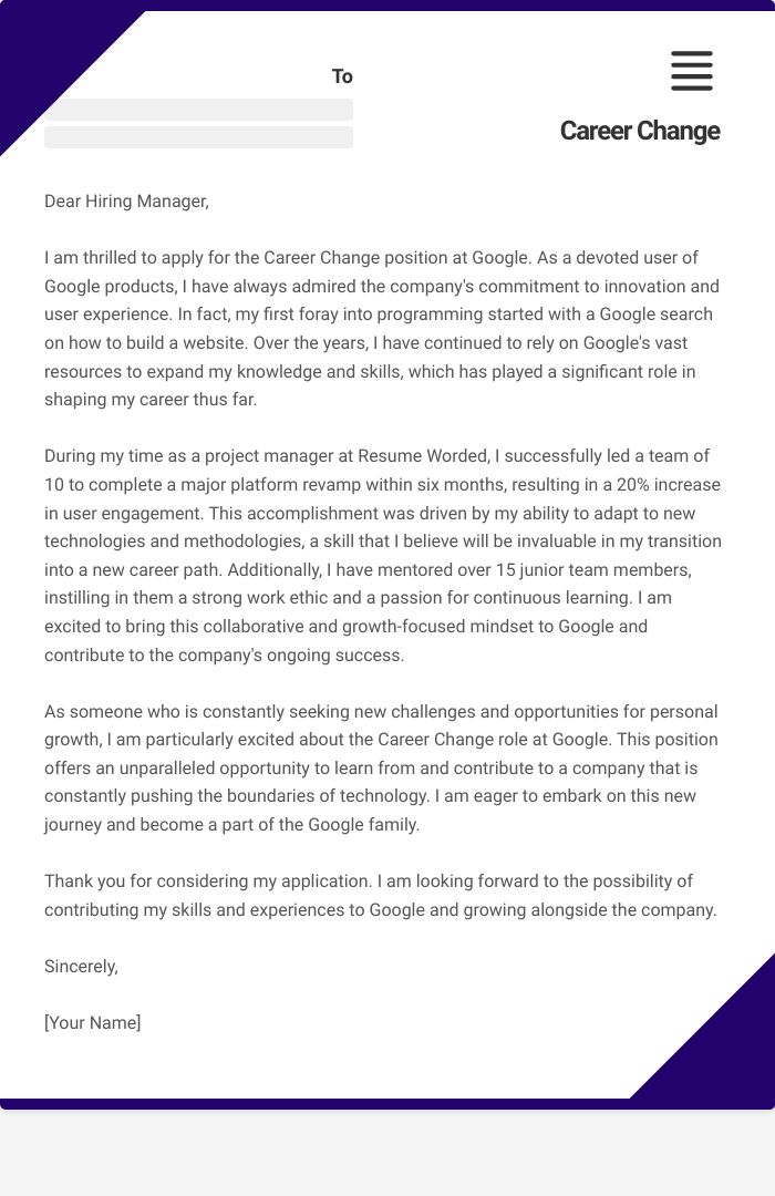 Career Change Cover Letter