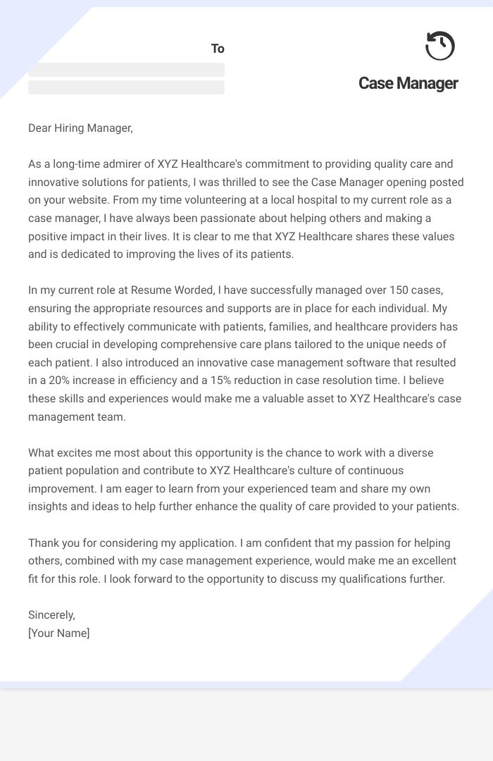 Case Manager Cover Letter