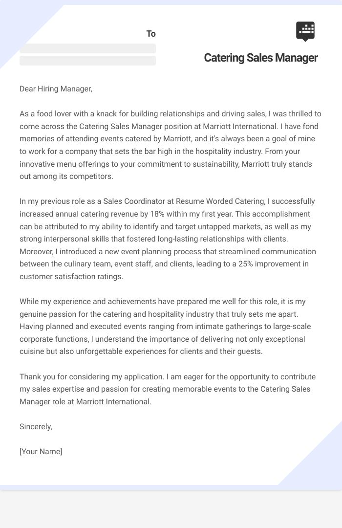 Catering Sales Manager Cover Letter