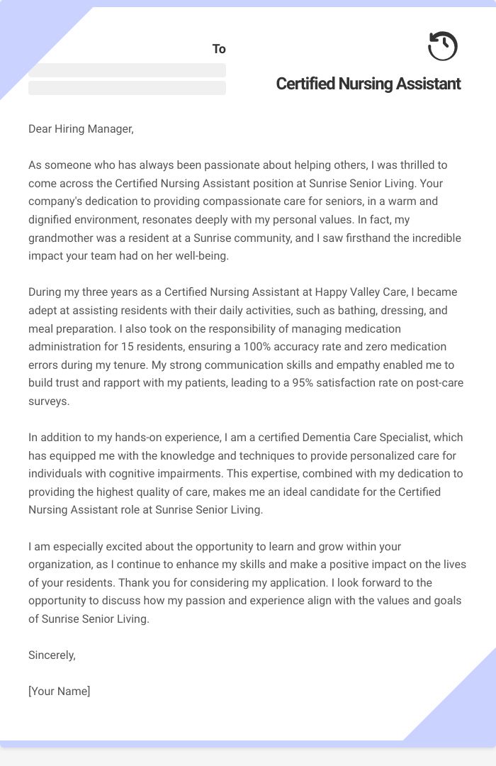 Certified Nursing Assistant Cover Letter