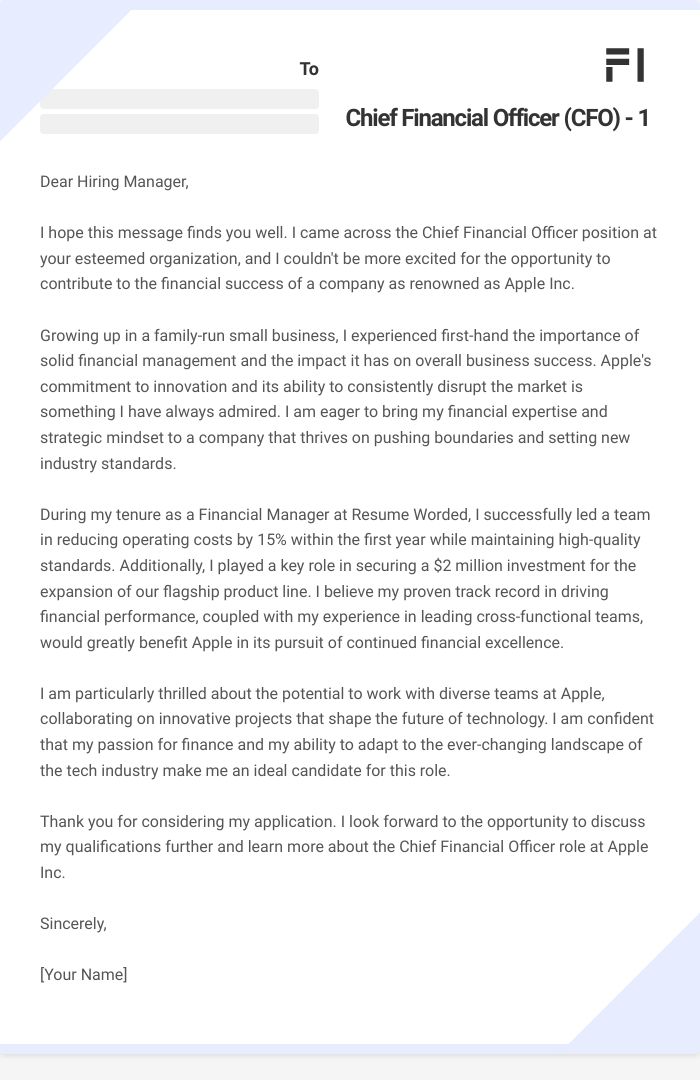 Chief Financial Officer (CFO) - 1 Cover Letter