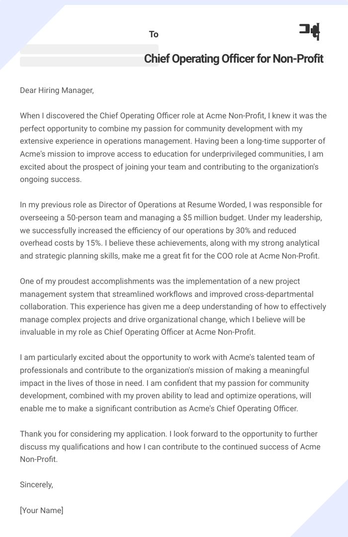 Chief Operating Officer for Non-Profit Cover Letter