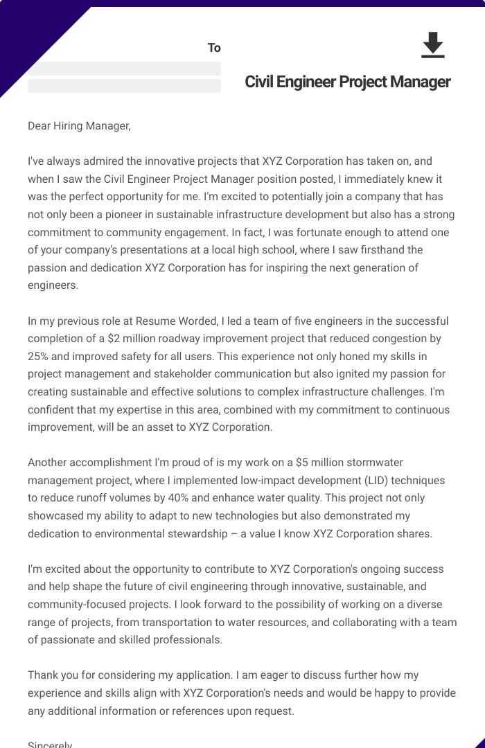 Civil Engineer Project Manager Cover Letter