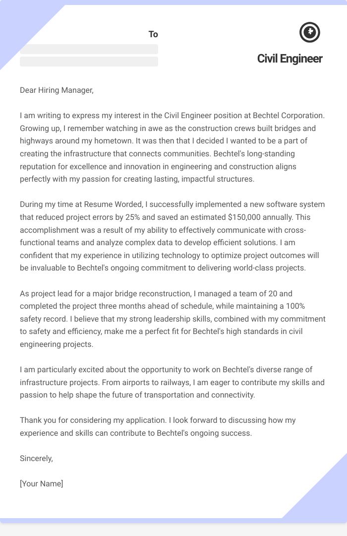 Civil Engineer Cover Letter