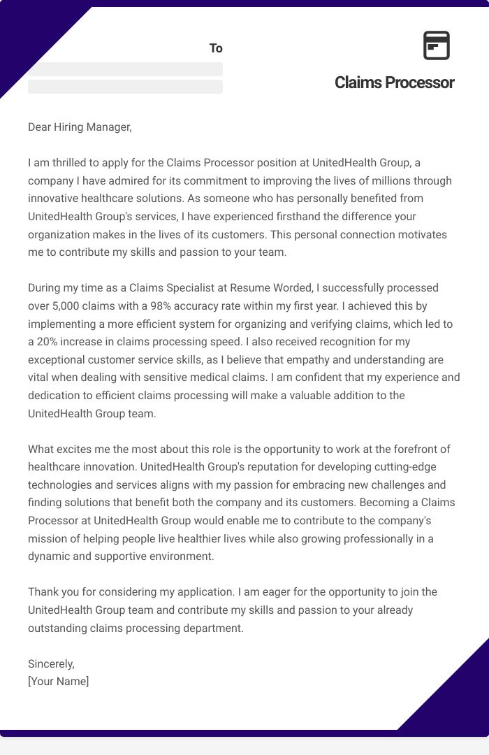 Claims Processor Cover Letter