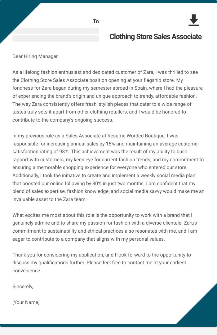 Clothing Store Sales Associate Cover Letter