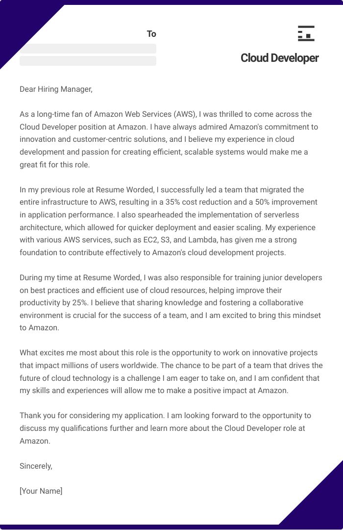 Cloud Developer Cover Letter