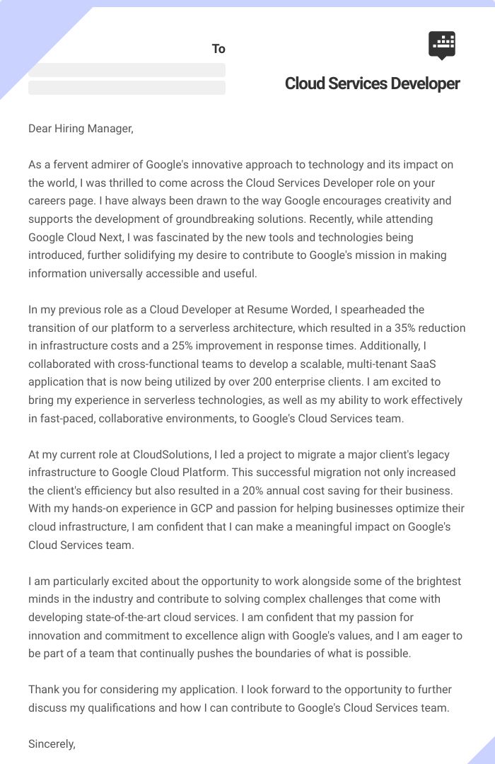 Cloud Services Developer Cover Letter
