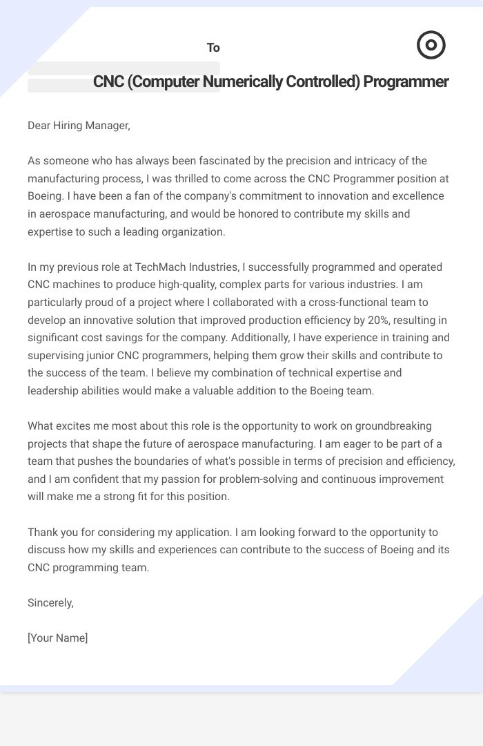 CNC (Computer Numerically Controlled) Programmer Cover Letter