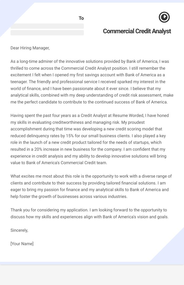 Commercial Credit Analyst Cover Letter