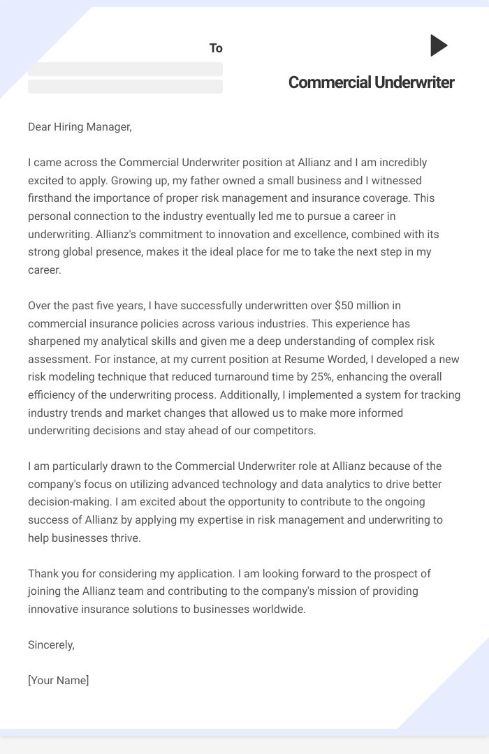 Commercial Underwriter Cover Letter