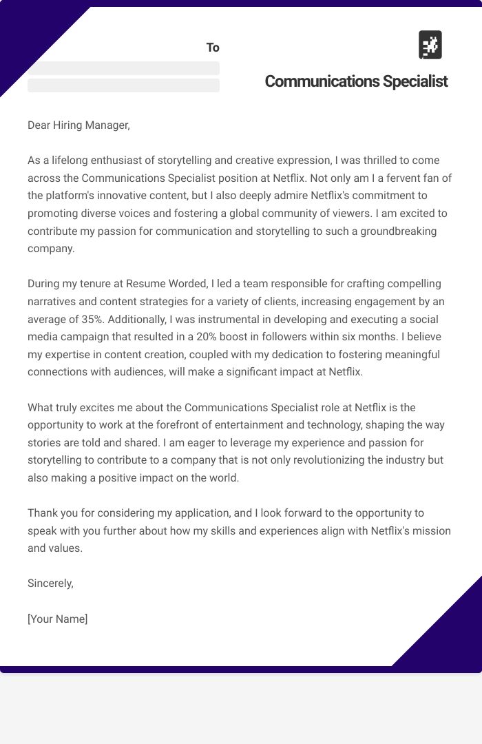 Communications Specialist Cover Letter