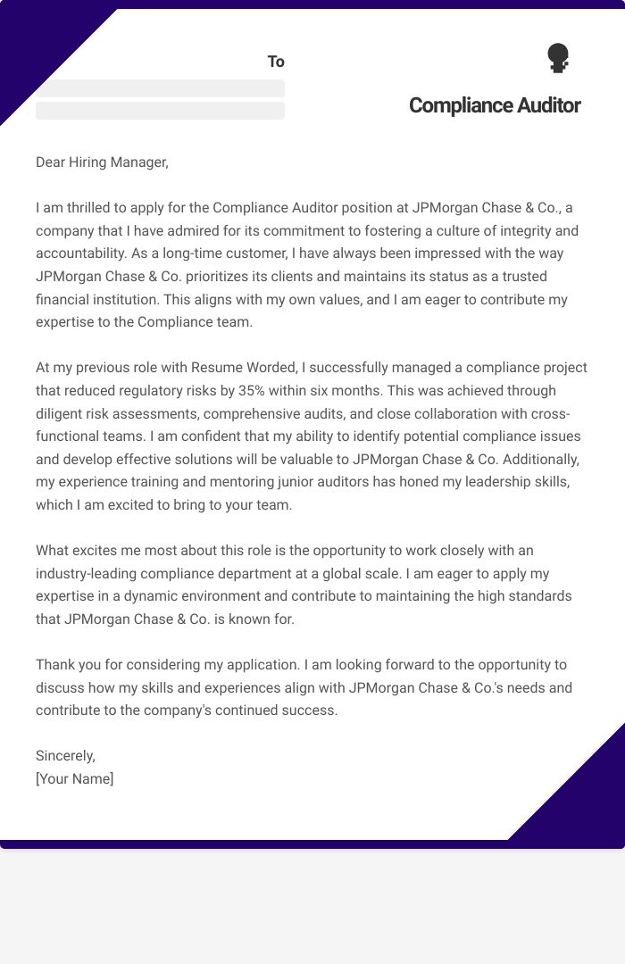 Compliance Auditor Cover Letter