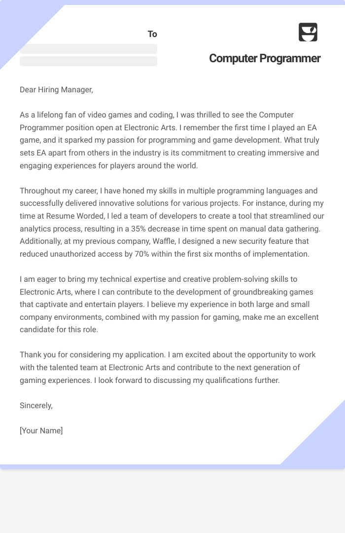 Computer Programmer Cover Letter