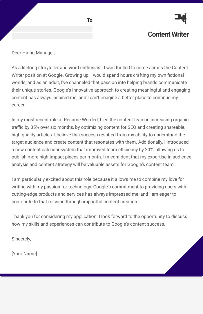Content Writer Cover Letter
