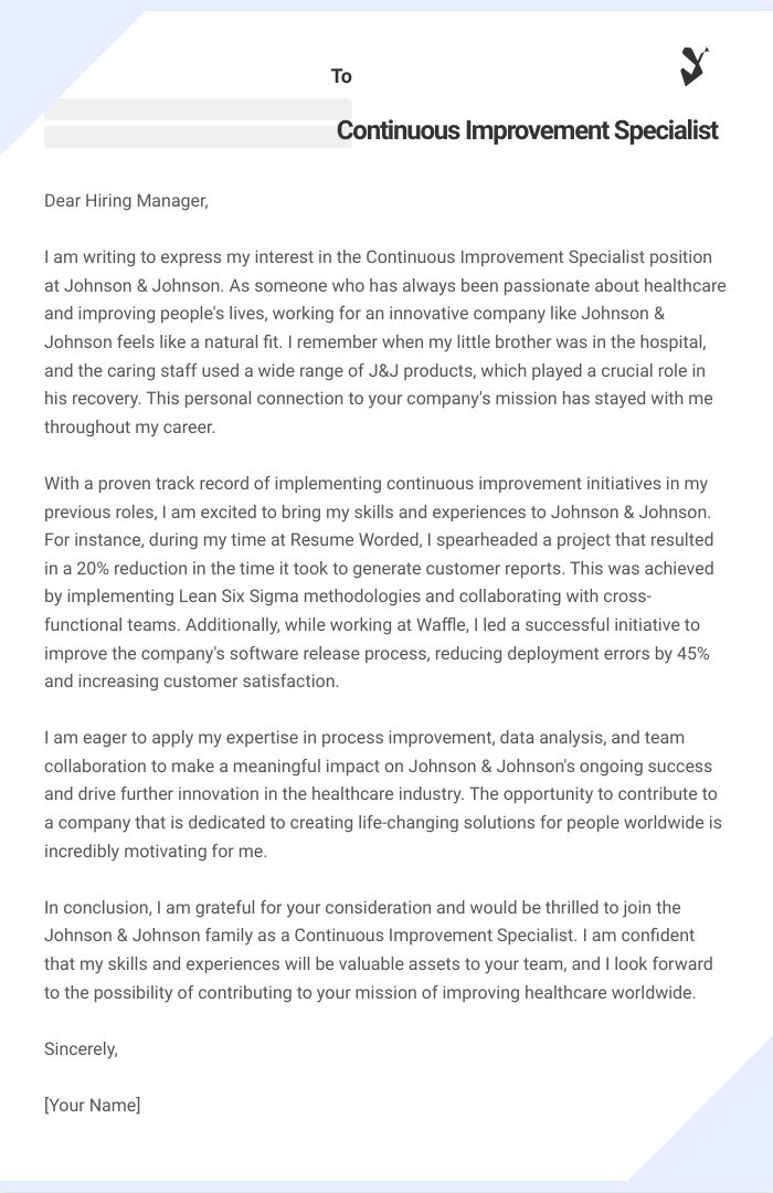 Continuous Improvement Specialist Cover Letter