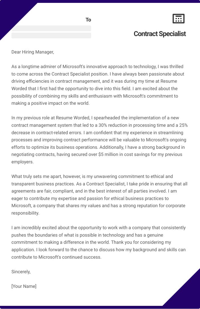 Contract Specialist Cover Letter