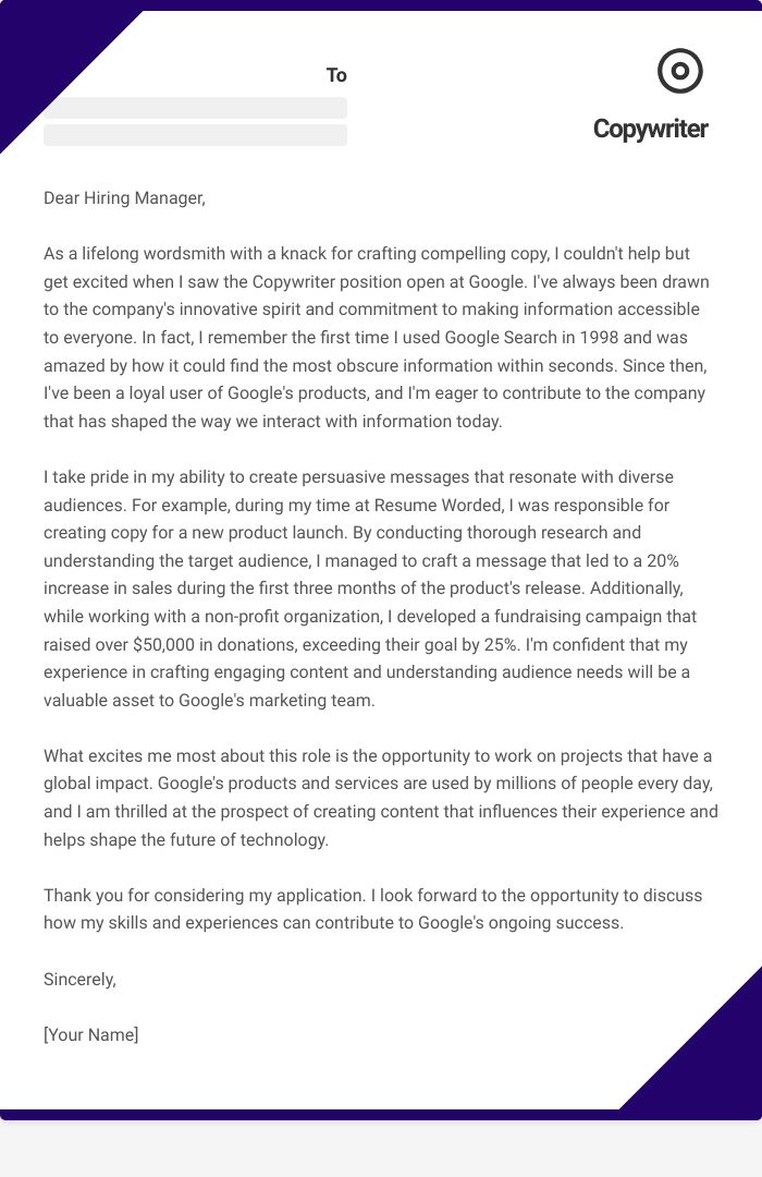 Copywriter Cover Letter