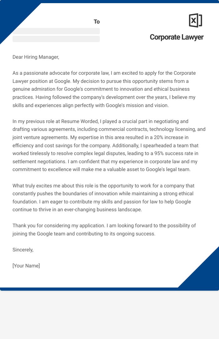 Corporate Lawyer Cover Letter