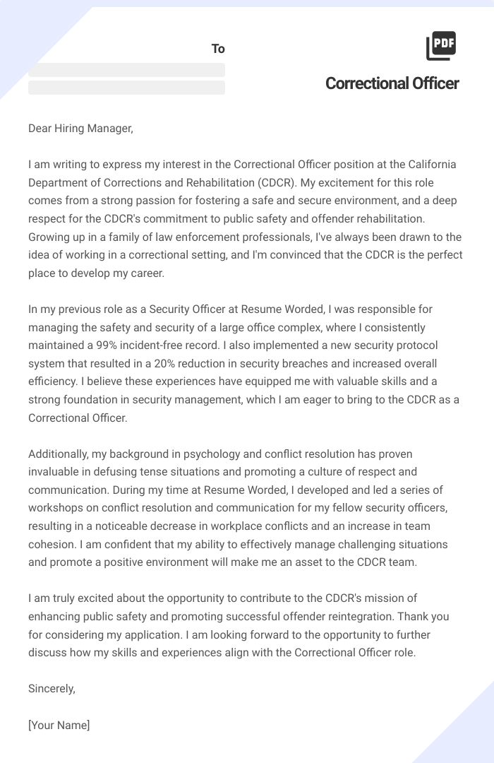 Correctional Officer Cover Letter