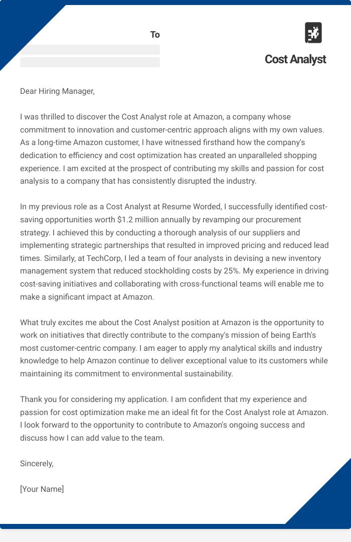 Cost Analyst Cover Letter