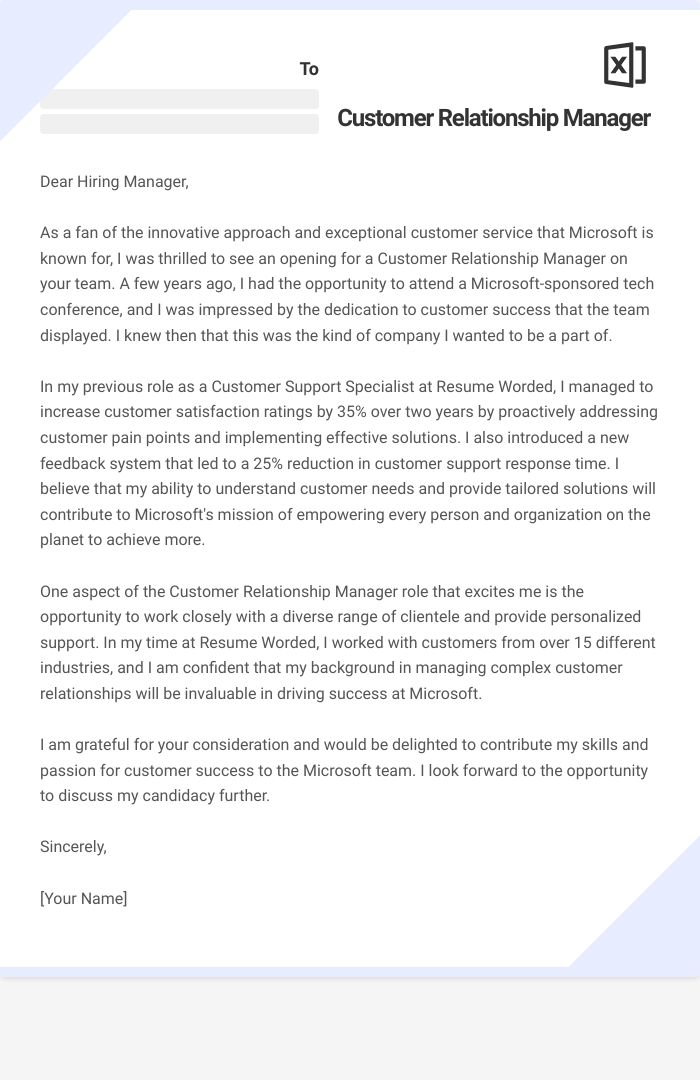 Customer Relationship Manager Cover Letter