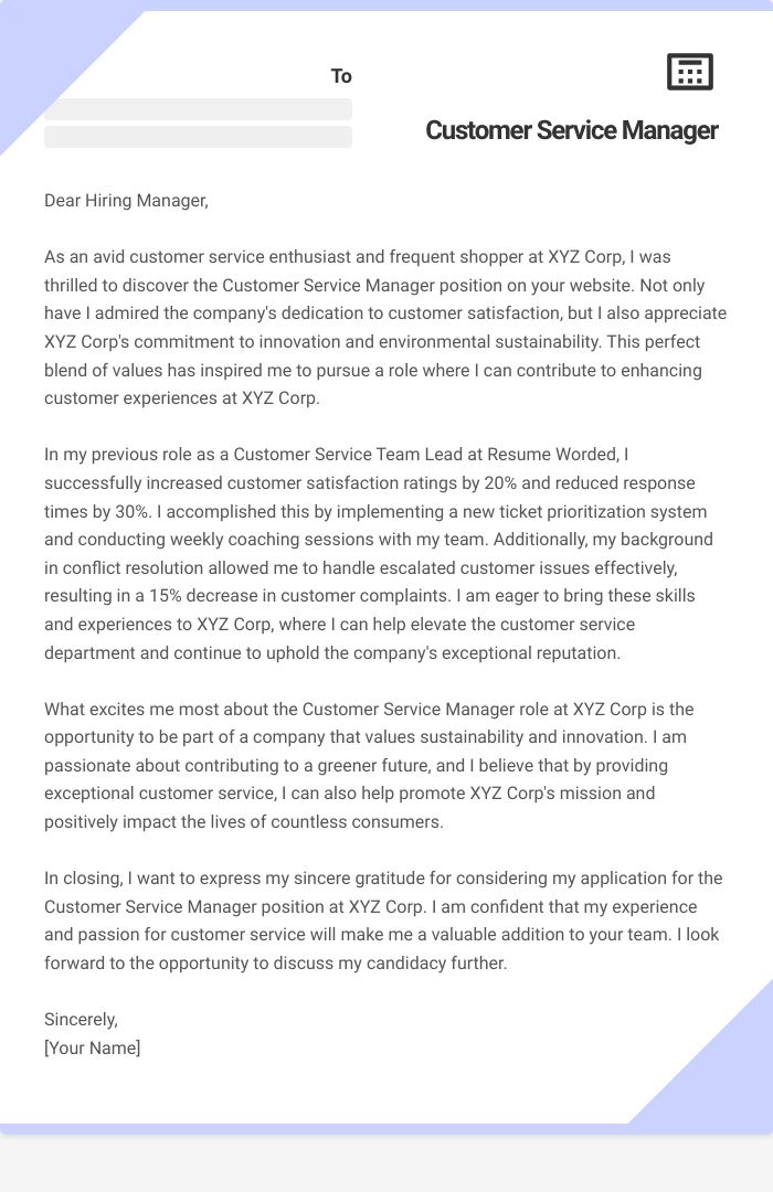 Customer Service Manager Cover Letter