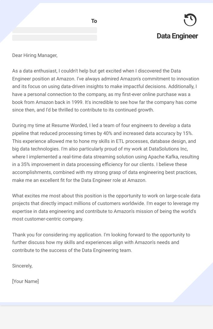 Data Engineer Cover Letter