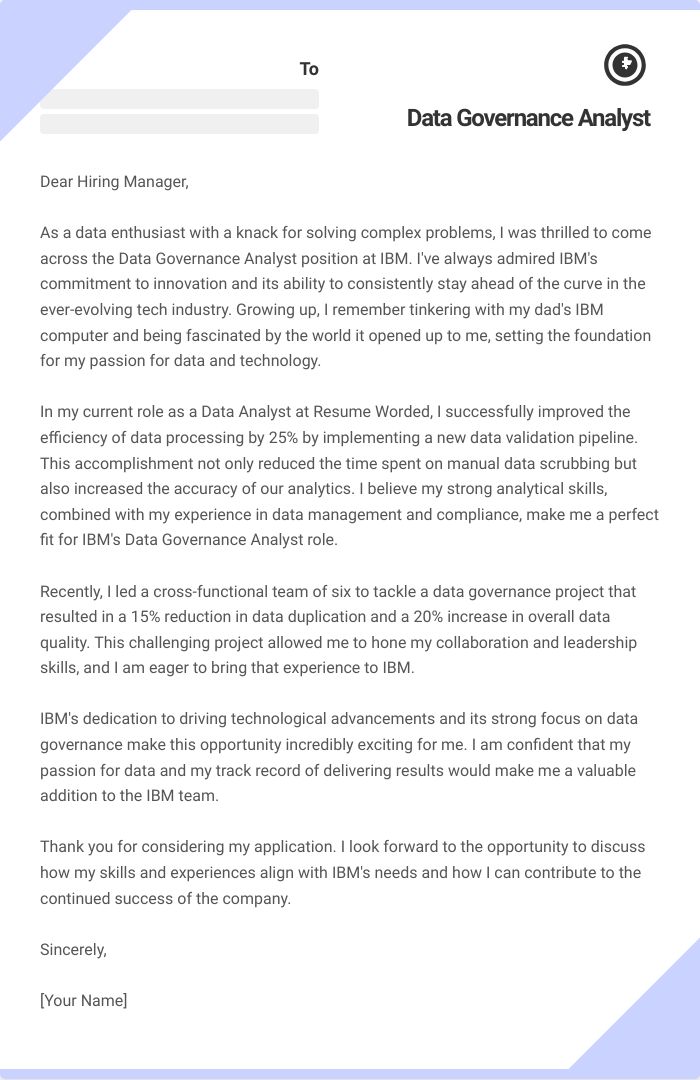 Data Governance Analyst Cover Letter