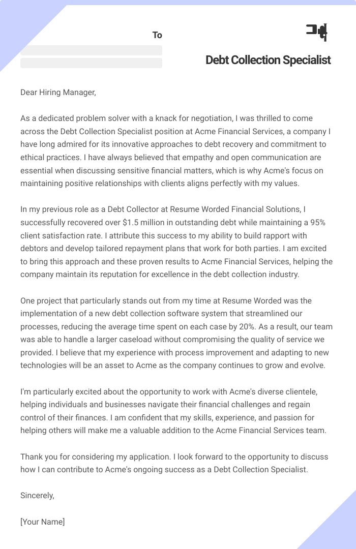 Debt Collection Specialist Cover Letter