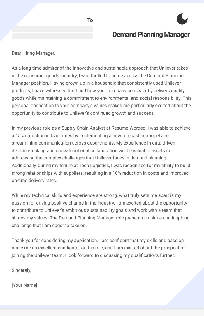 Demand Planning Manager Cover Letter