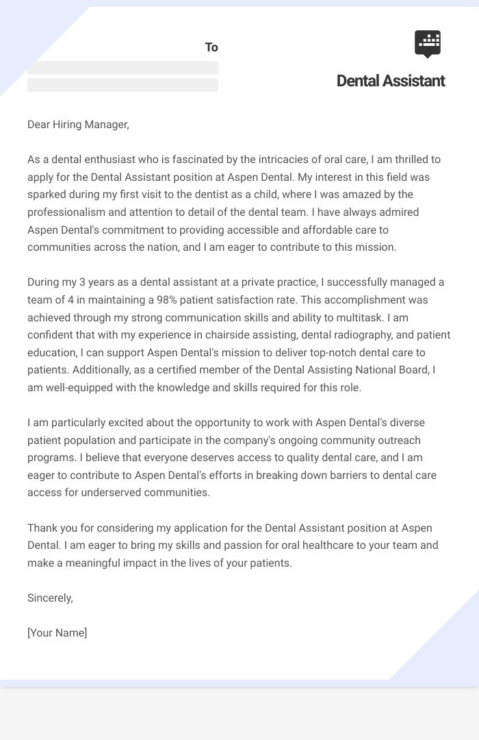 Dental Assistant Cover Letter