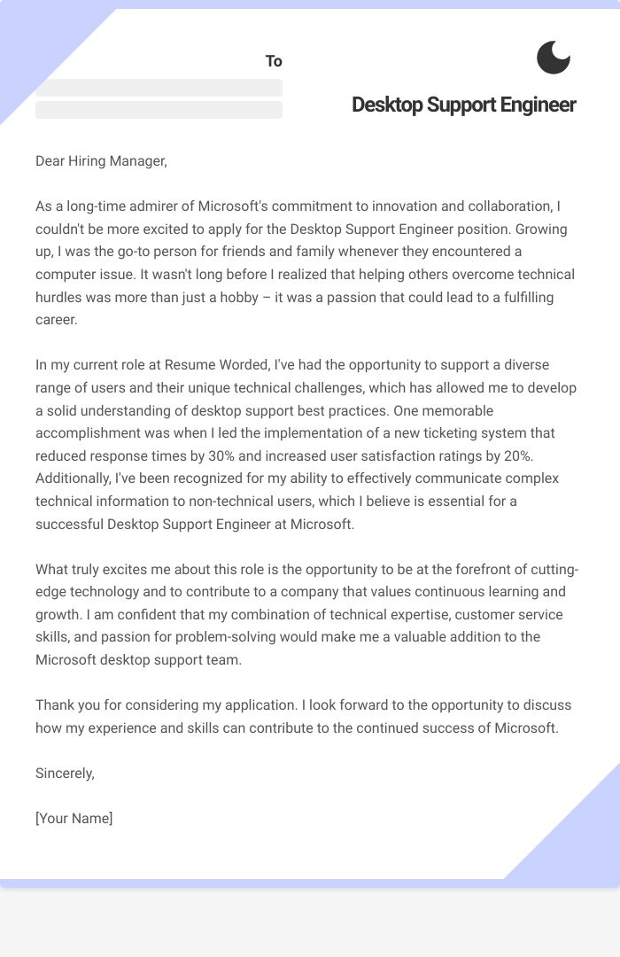 Desktop Support Engineer Cover Letter