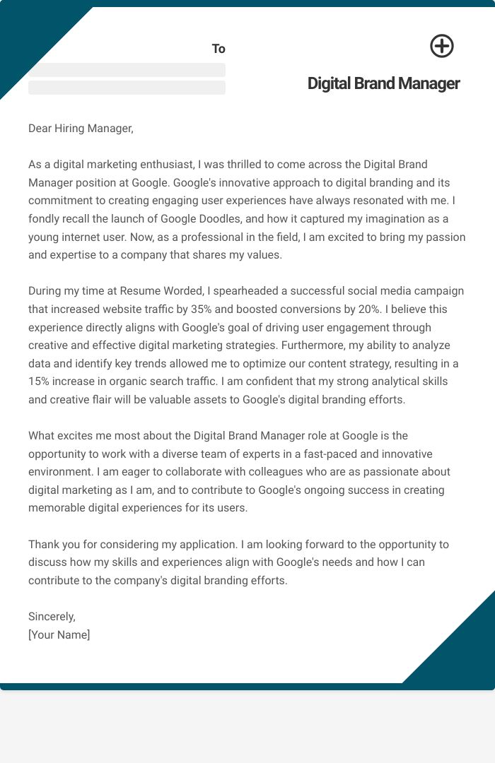 Digital Brand Manager Cover Letter