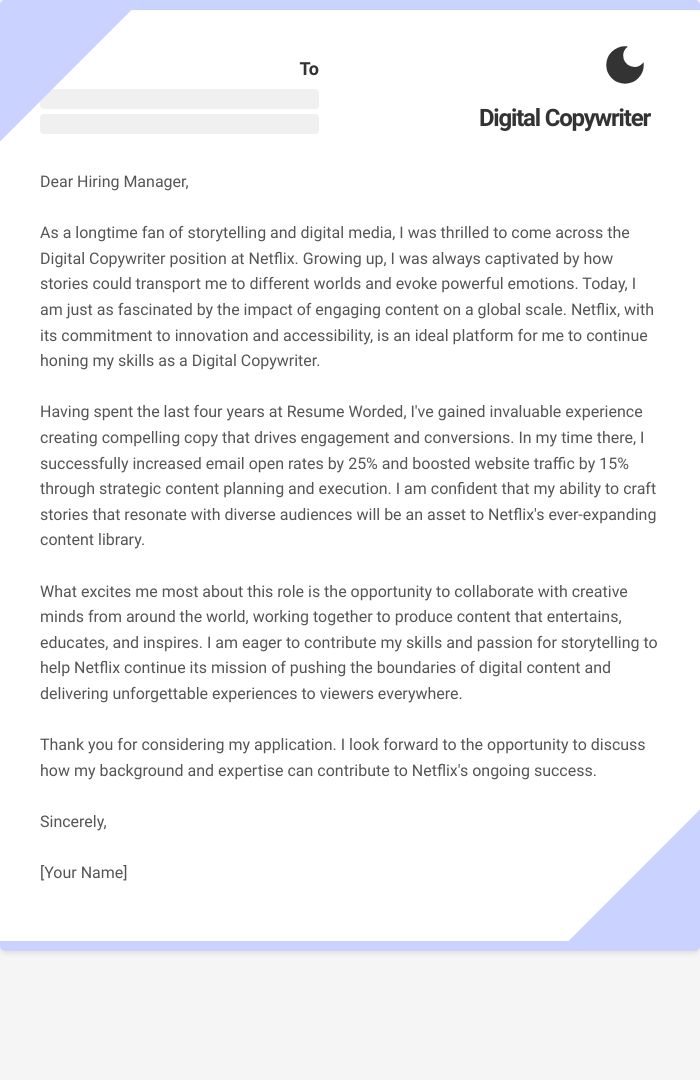 Digital Copywriter Cover Letter