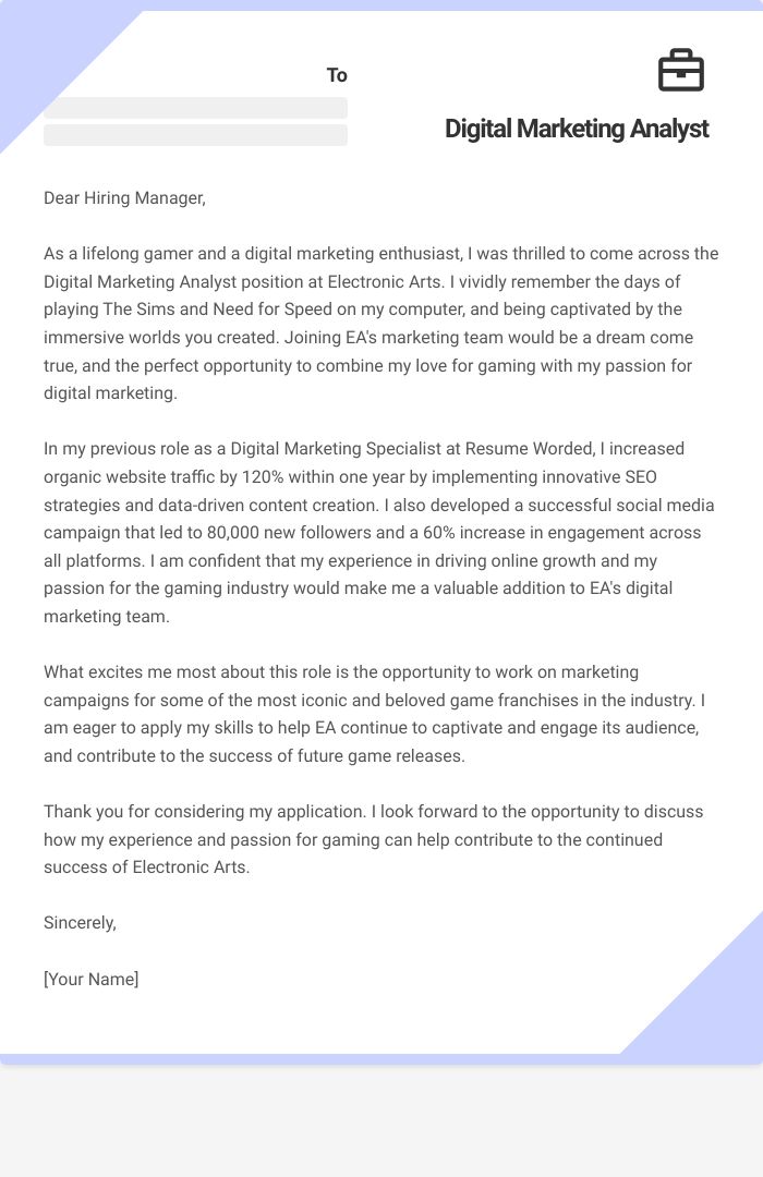 Digital Marketing Analyst Cover Letter